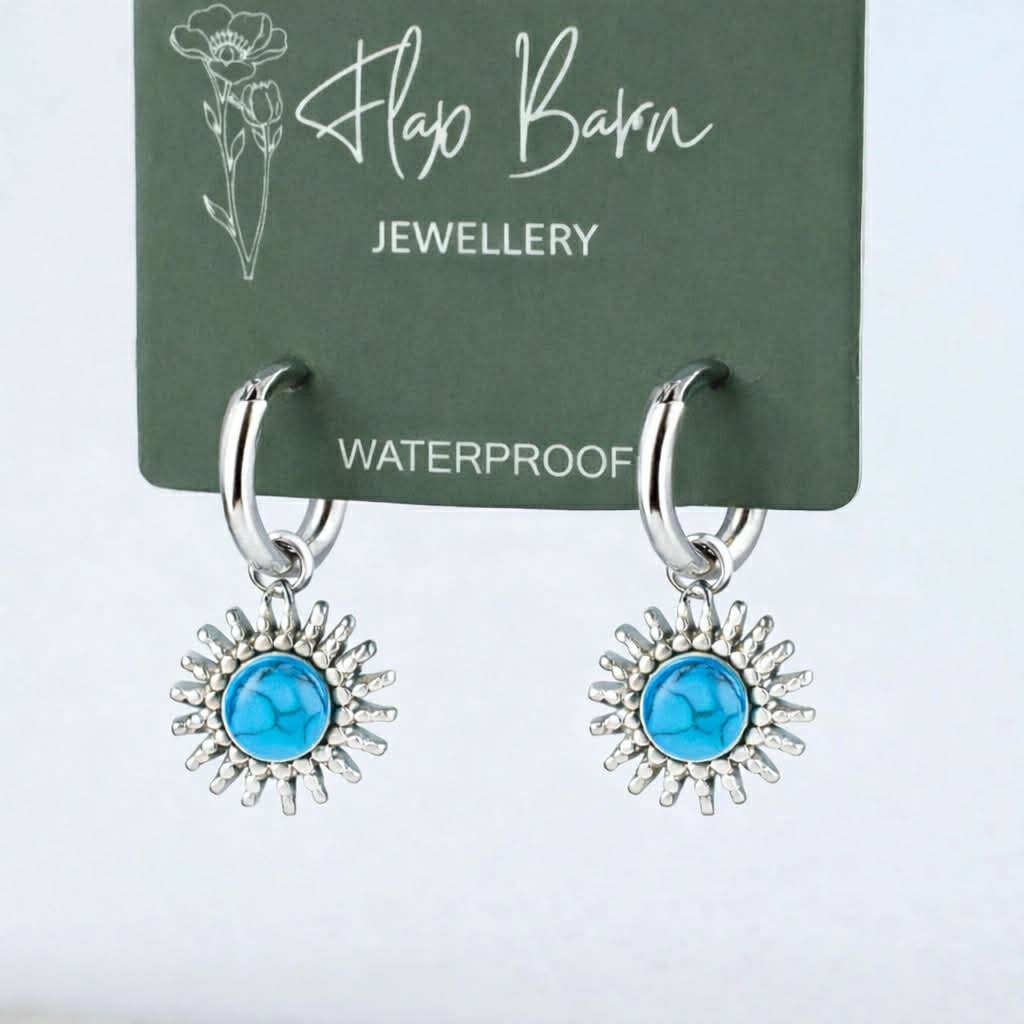 Silver Blue Sunburst Huggie Earrings