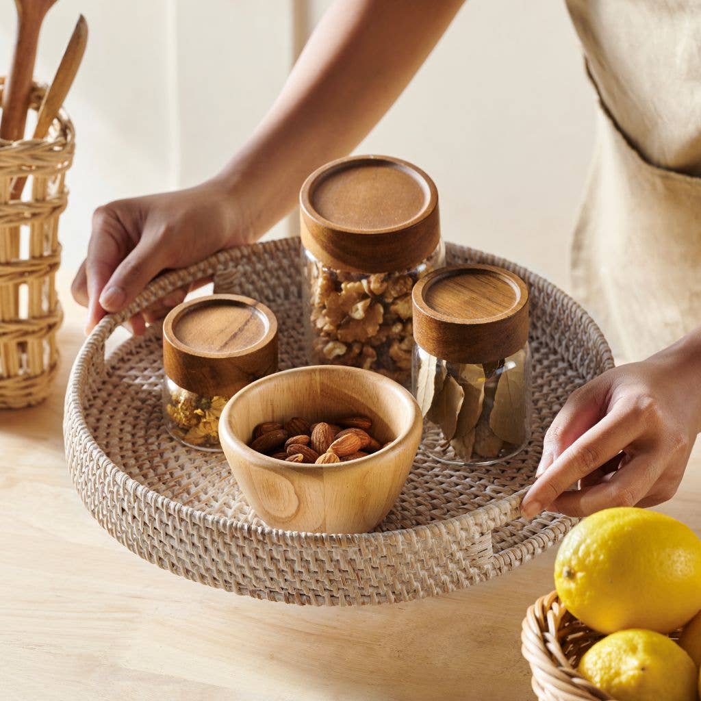 Whitewashed Handwoven Rattan Serving Tray | Round Tray with Handles - Ivy and Sol