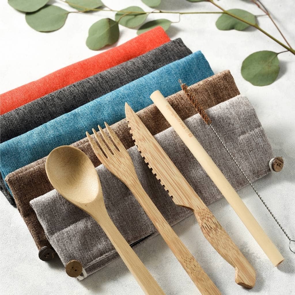 Reusable Bamboo Cutlery Set with Jute Case – Ash Grey