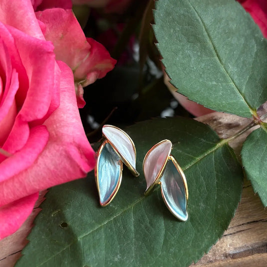 14ct gold plated leaf earrings with turquoise and white oil drip finish and sterling silver posts