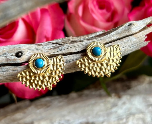 18ct gold plated turquoise peacock fan earrings with central gemstone and decorative fan design 2
