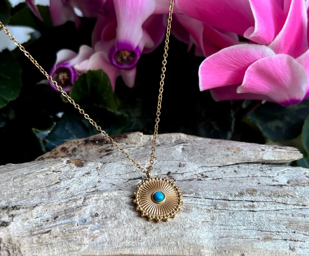 18ct Gold Plated Turquoise Sun Disc Necklace – Waterproof Gemstone Pendant Necklace - Ivy and Sol