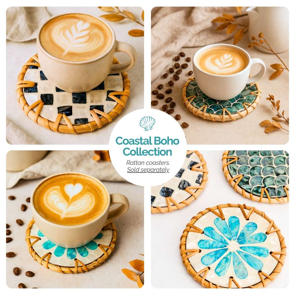 Rattan Ripple | Set of 6 Drink Coasters with Holder