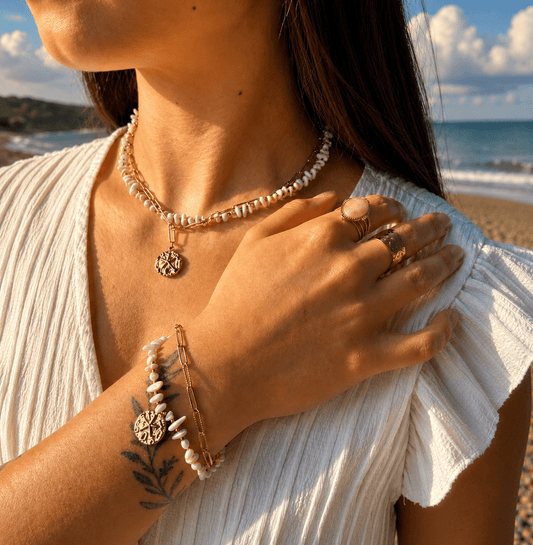 18ct Gold Plated Double Chain Shell Necklace | Waterproof Layered Coastal Necklace - Ivy and Sol