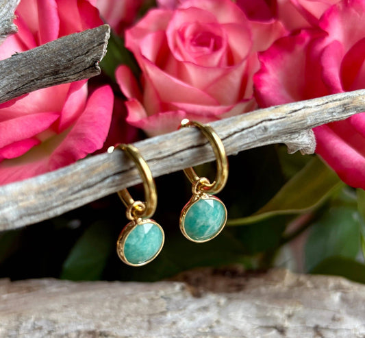 18ct Gold Plated Amazonite Huggie Earrings | Waterproof Natural Gemstone Earrings - Ivy and Sol