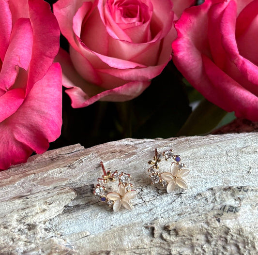 14ct Gold Plated Flower Wreath Earrings | Cubic Zirconia Floral Stud Earrings - Ivy and Sol
