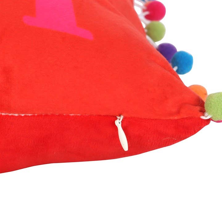 Red Holly Jolly Christmas Cushion with Pom Poms