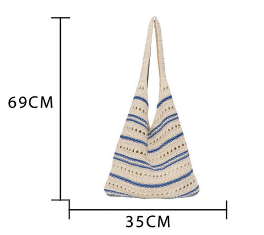 Seaside Lullaby Knit Tote: Cream and blue / Medium - Ivy and Sol
