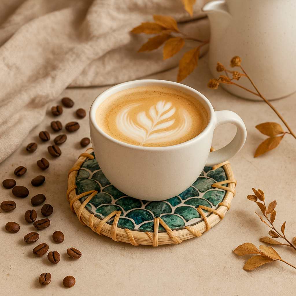 Beach & Boho Rattan and Mother of Pearl Coaster Set | Set of 6 Drink Coasters with Holder