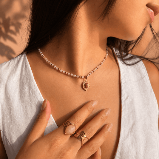 18ct Gold Plated Rose Quartz Bead Pendant Necklace | Waterproof Stainless Steel - Ivy and Sol
