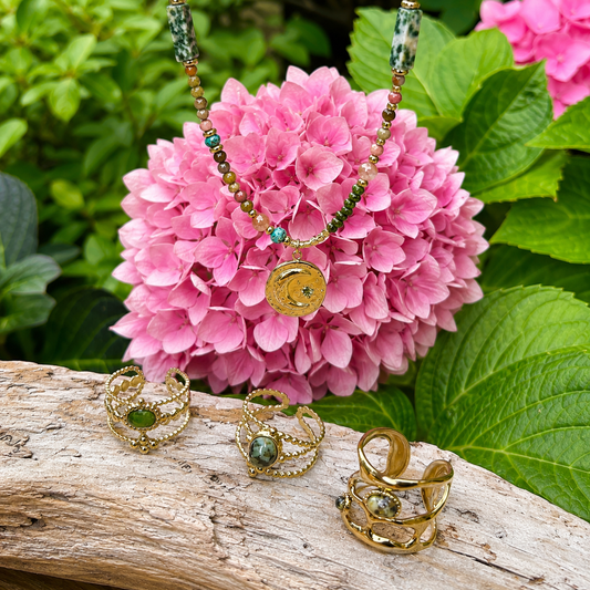 18ct Gold-Plated Green Agate Triple Band Ring