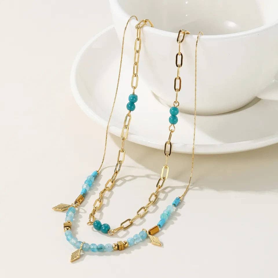 Double Layer Turquoise Bead Gold Necklace – Waterproof & Tarnish Resistant
