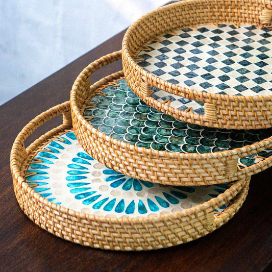 Rattan & Mother of Pearl Serving Tray | Decorative Round Coffee Table Tray