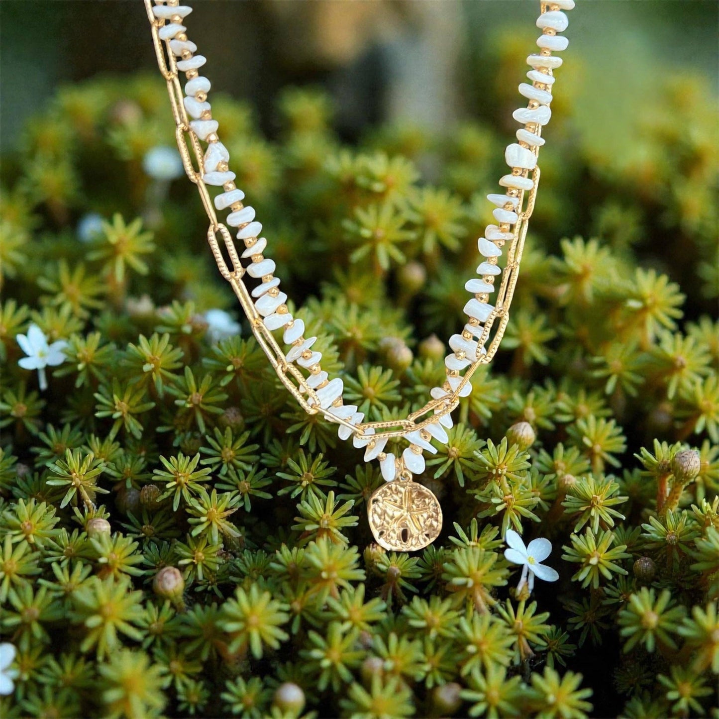 18ct Gold Plated Double Chain Shell Necklace | Waterproof Layered Coastal Necklace