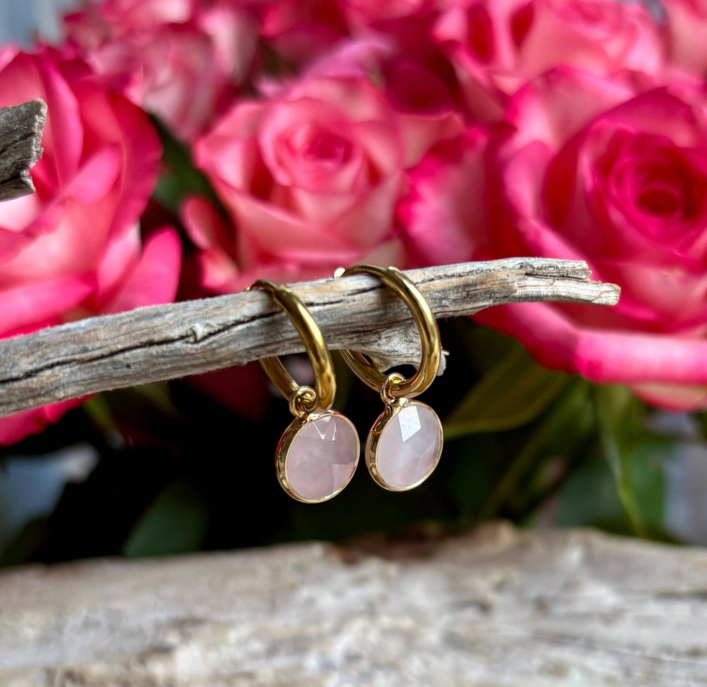 18ct Gold Plated Rose Quartz Huggie Earrings | Waterproof Natural Gemstone Earrings