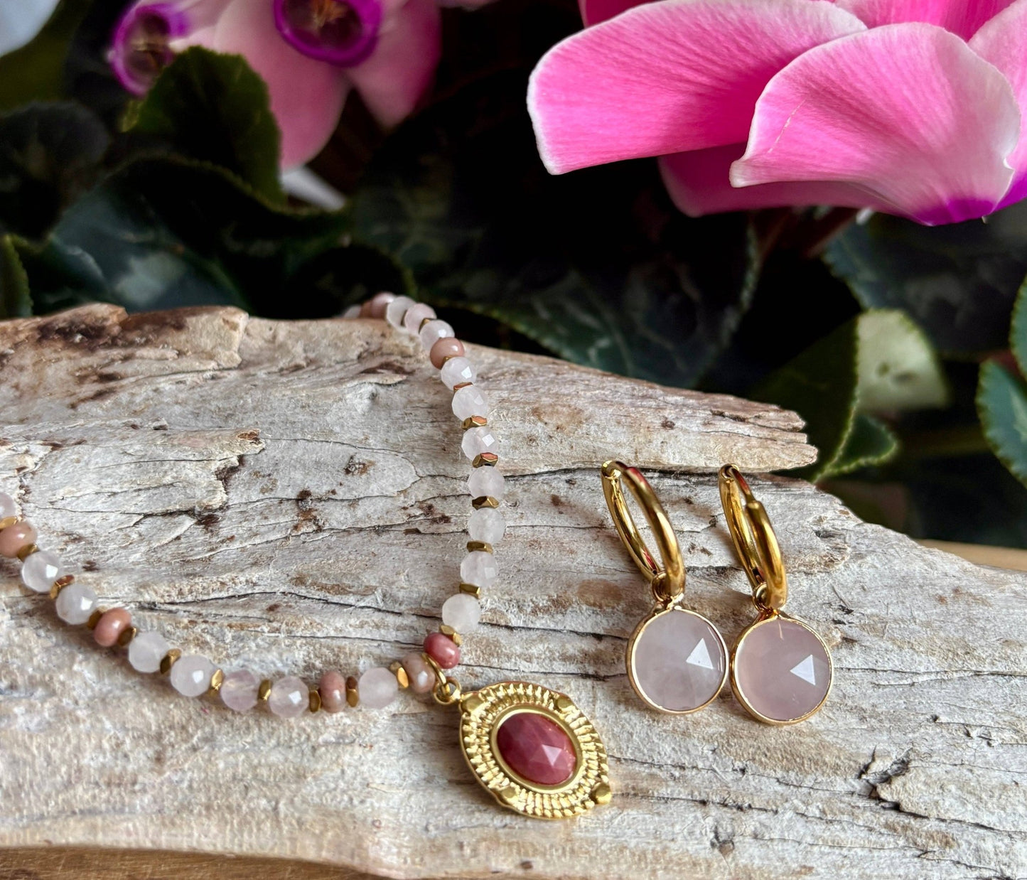 18ct Gold Plated Rose Quartz Bead Pendant Necklace | Waterproof Stainless Steel - Ivy and Sol
