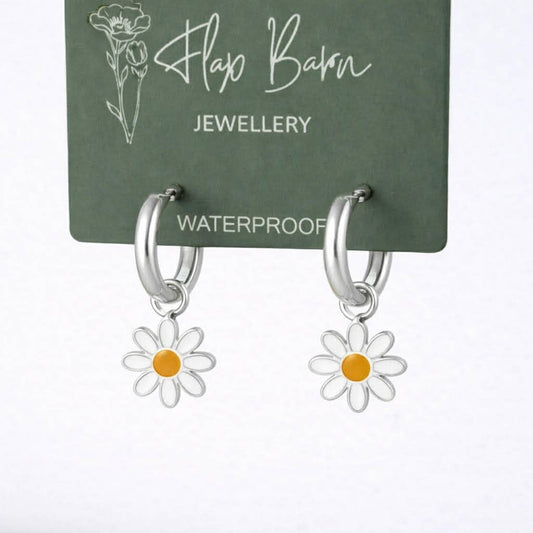Silver Enamel Flower Huggie Earrings | Waterproof Stainless Steel Earrings - Ivy and Sol