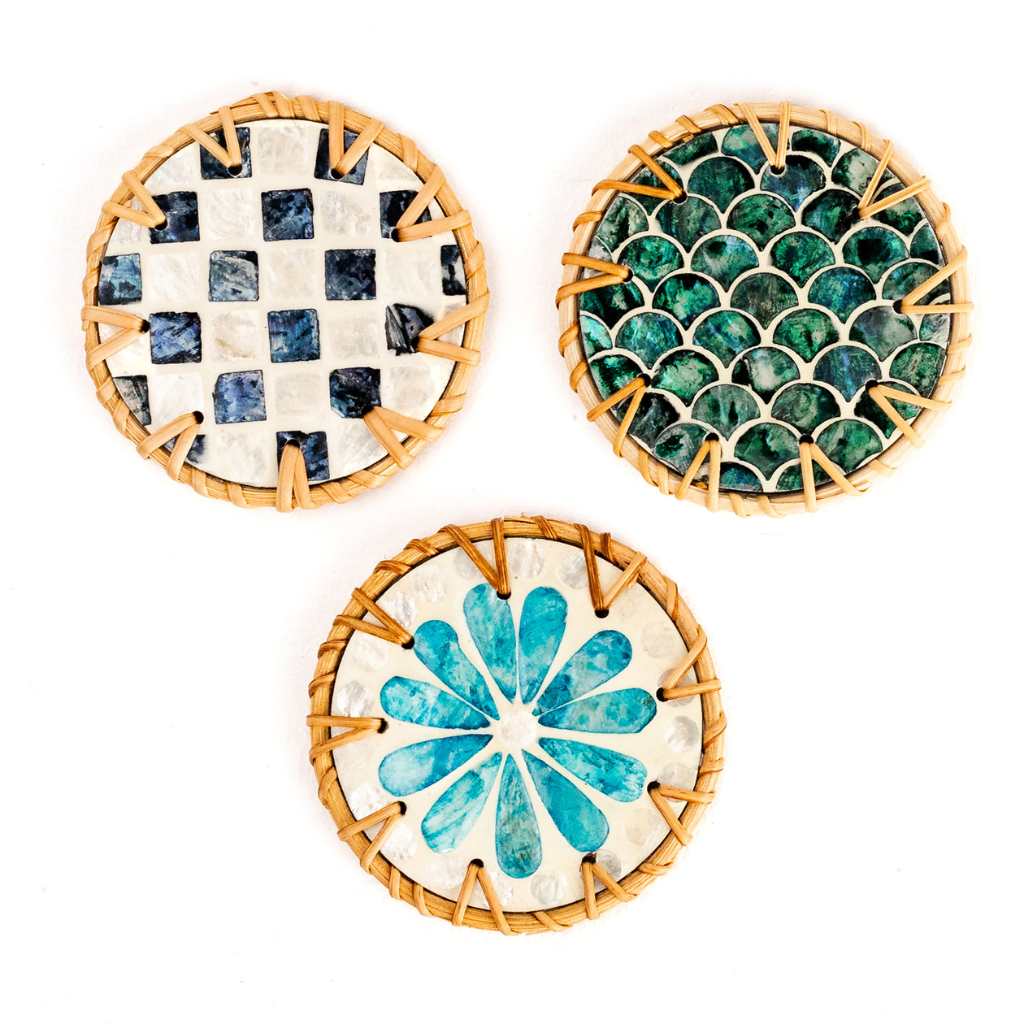 Drift Rattan & Mother of Pearl Drinks Coasters – Set of 6 - Ivy and Sol