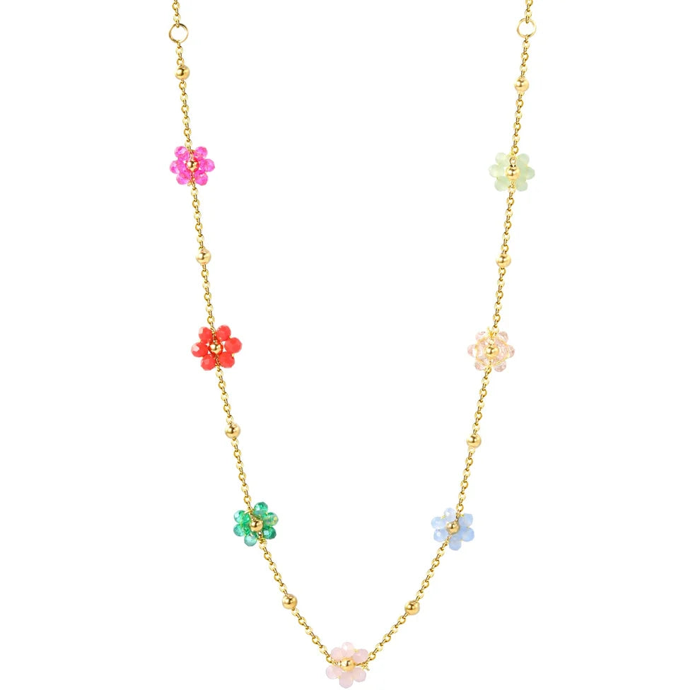 Colourful Daisy Flower Beaded Necklace – Gold