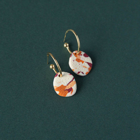 Handmade terrazzo hoop earrings in teal, lilac and chartreuse polymer clay with gold plated hoops