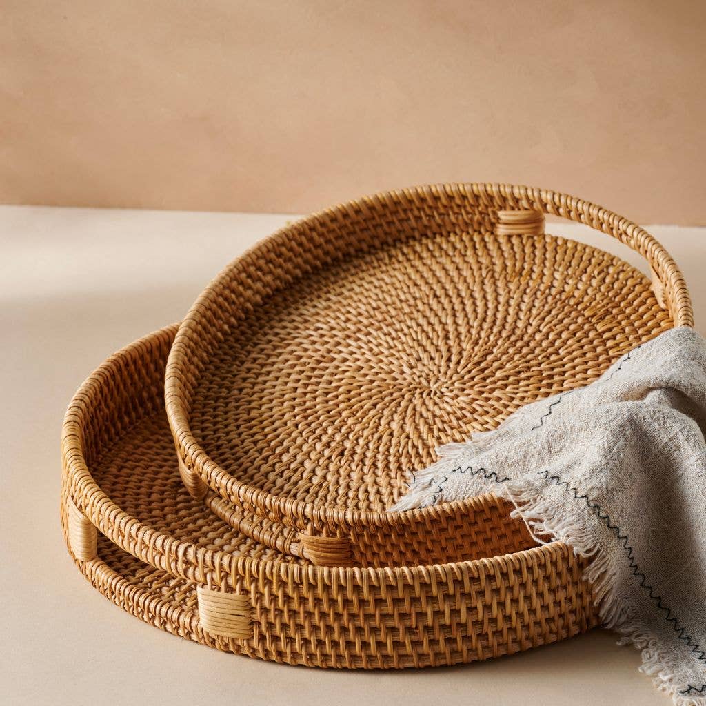 Handwoven Rattan Serving Tray | Round Rustic Tray with Handles | Natural - Ivy and Sol