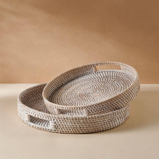 Set of woven baskets on a beige background