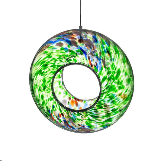 Colorful glass pendant light with a white background