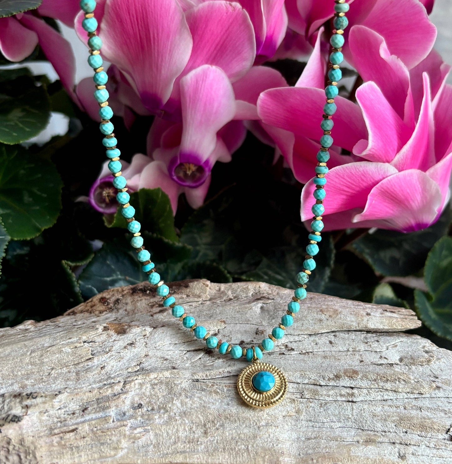 18ct Gold Plated Turquoise Bead Pendant Necklace | Waterproof Stainless Steel - Ivy and Sol