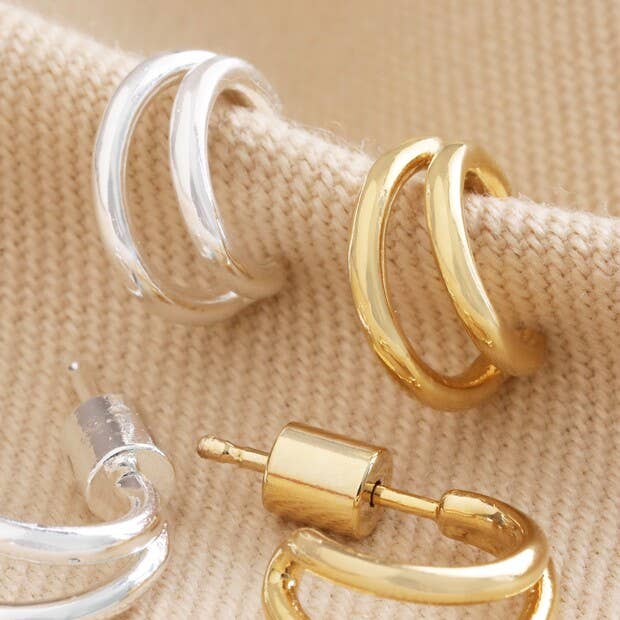 Double Illusion Huggie Hoop Earrings in Silver – Layered Look Minimalist Hoops