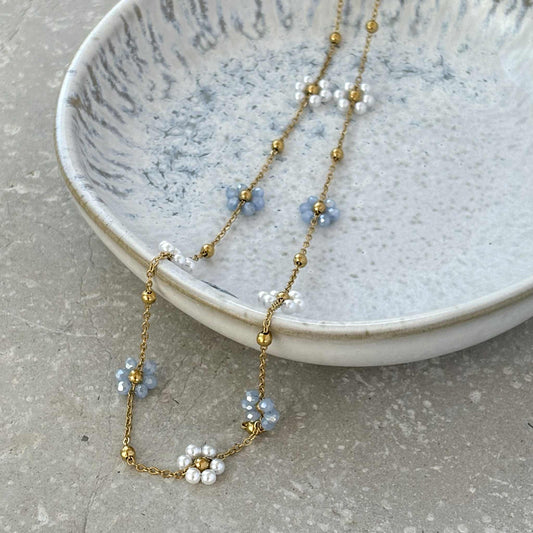 Light Blue Daisy Beaded Necklace | Waterproof Gold Jewellery