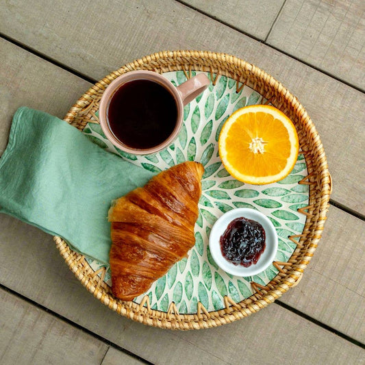 Rattan & Mother of Pearl Serving Tray – Wicker Coffee Table Centrepiece