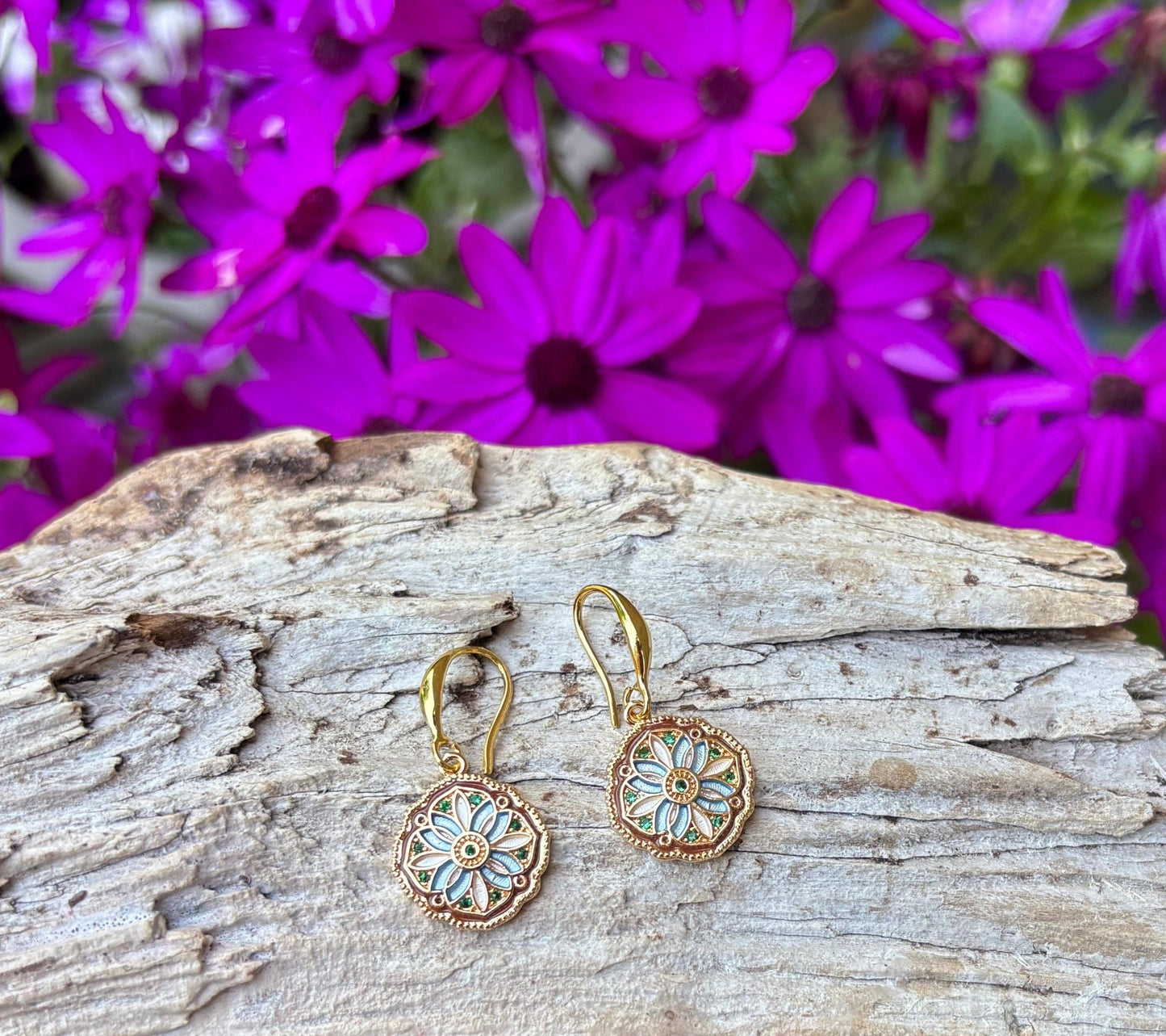 14ct Gold Plated Floral Mosaic Drop Earrings | Statement Gold Earrings UK - Ivy and Sol