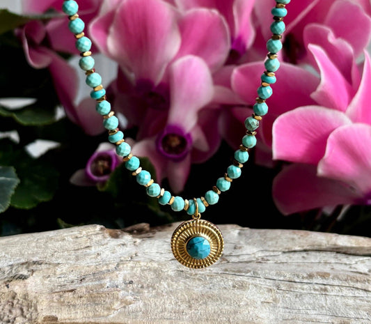 18ct Gold Plated Turquoise Bead Pendant Necklace | Waterproof Stainless Steel