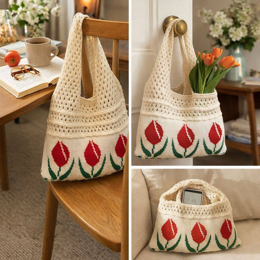 Crocheted bag with tulip pattern on a wooden chair, table, and couch.