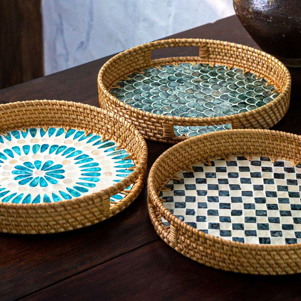 Rattan & Mother of Pearl Serving Tray | Decorative Round Coffee Table Tray