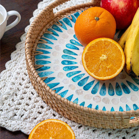 Rattan Ripple Serving Tray | Round Decorative Tray with Handles