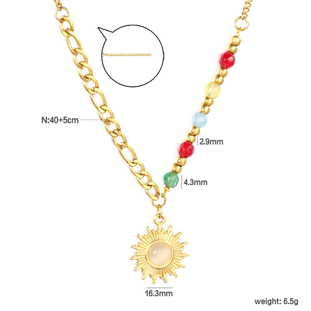 Natural Stone Sun Pendant Necklace – 18K Gold PVD Plated