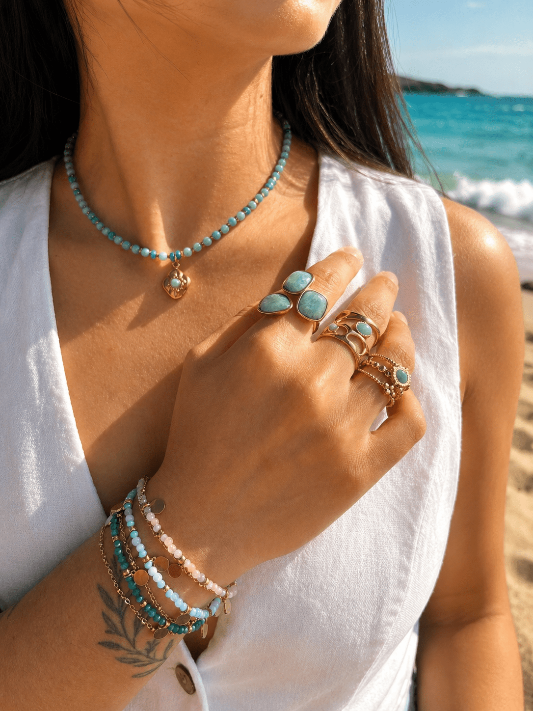 18ct Gold Plated Amazonite Bead Pendant Necklace | Waterproof Stainless Steel - Ivy and Sol