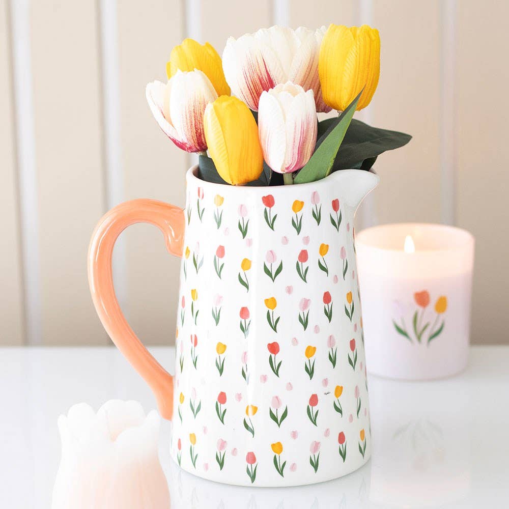 Tulip Print Ceramic Flower Jug Vase | Floral Decorative Vase - Ivy and Sol