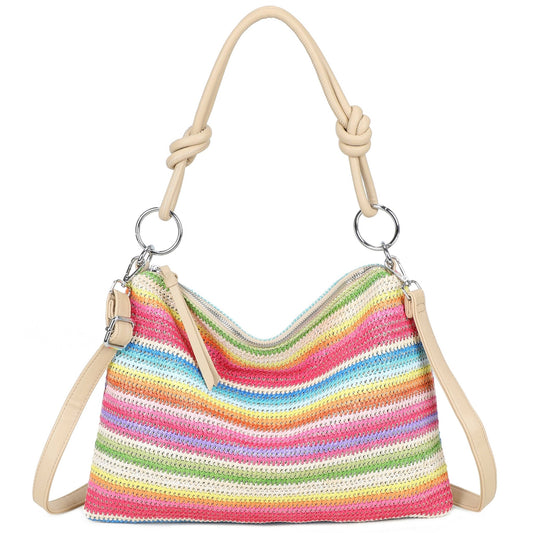 Light Rainbow Straw Stripe Shoulder Bag | Woven Crossbody & Shoulder Handbag - Ivy and Sol