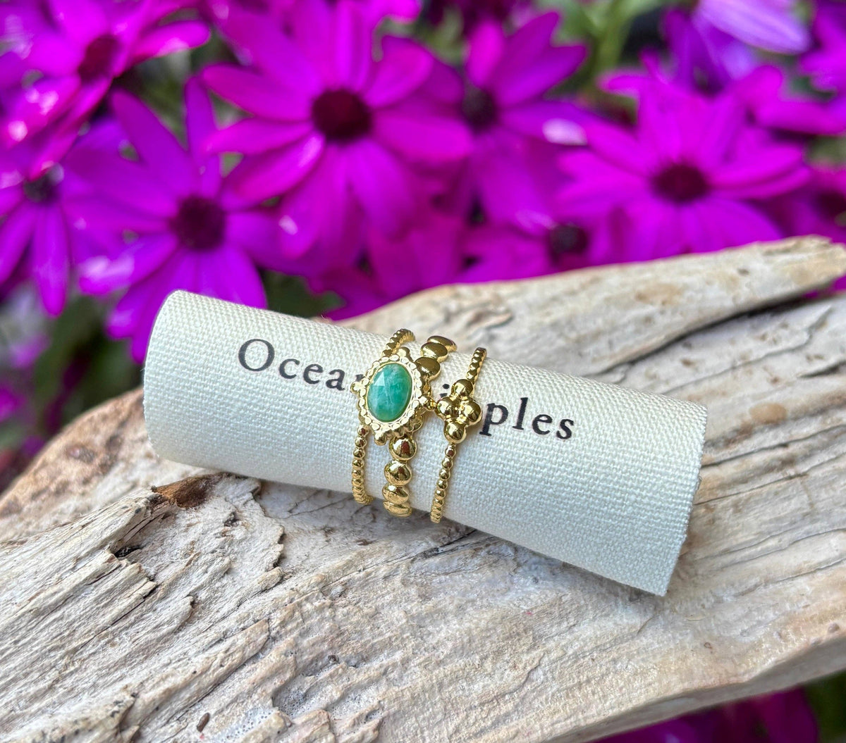 18ct Gold-Plated Faceted Amazonite Triple Band Ring