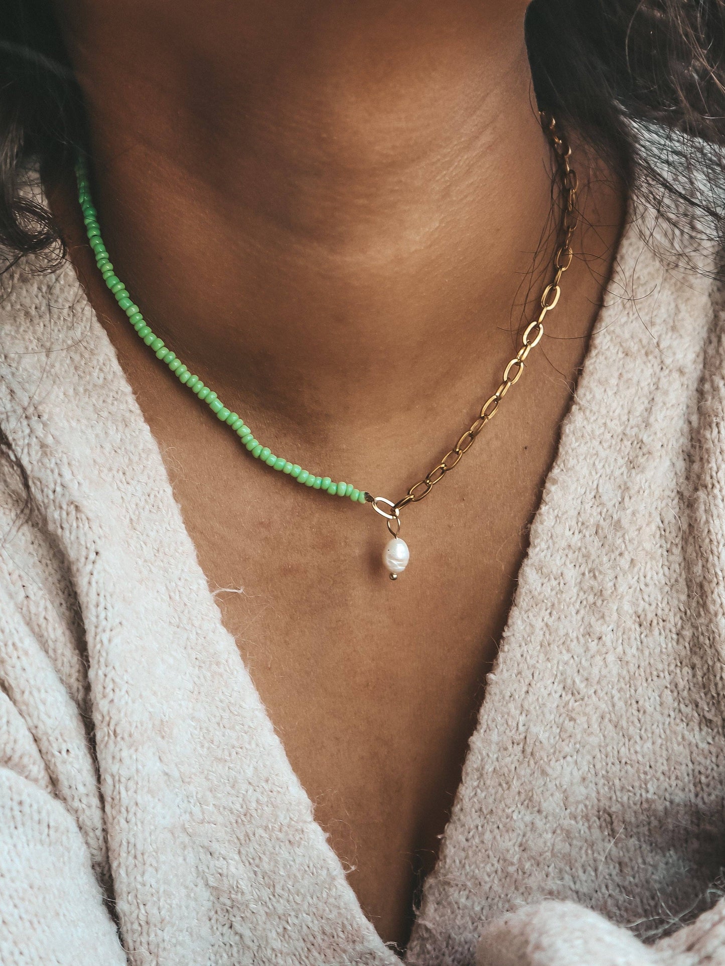 Green Freshwater Pearl Seed Bead Necklace | 18k Gold Plated Stainless Steel