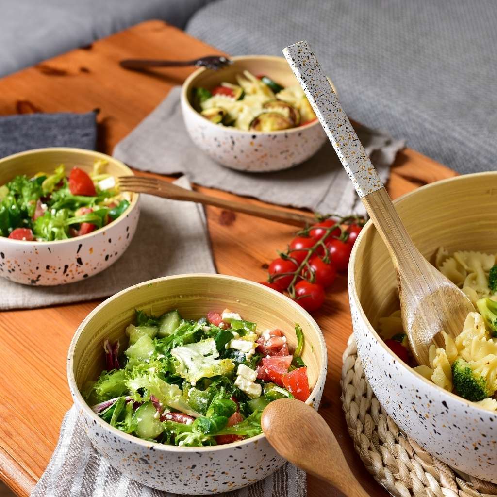 Handmade Bamboo Salad Servers with Terrazzo Handles – Dark Grey