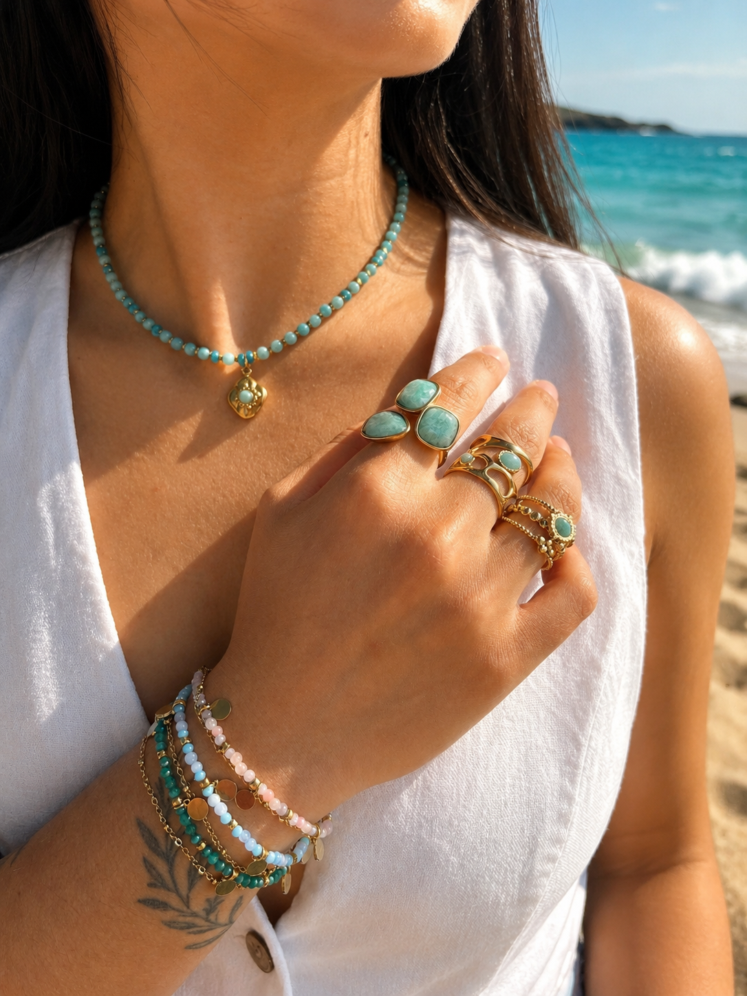 18ct Gold Plated Amazonite Bead Pendant Necklace | Waterproof Stainless Steel