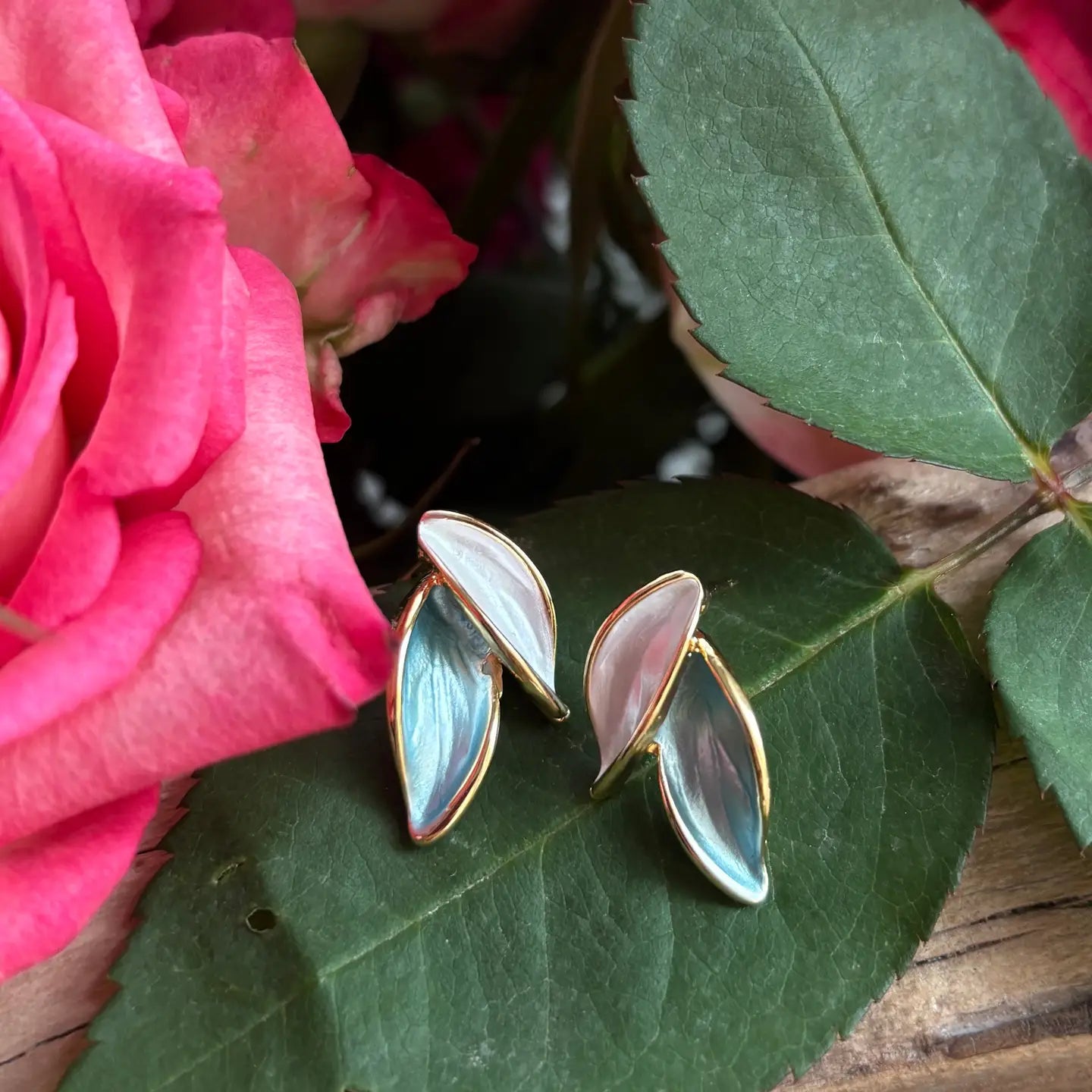 14ct gold plated leaf earrings with turquoise and white oil drip finish and sterling silver posts