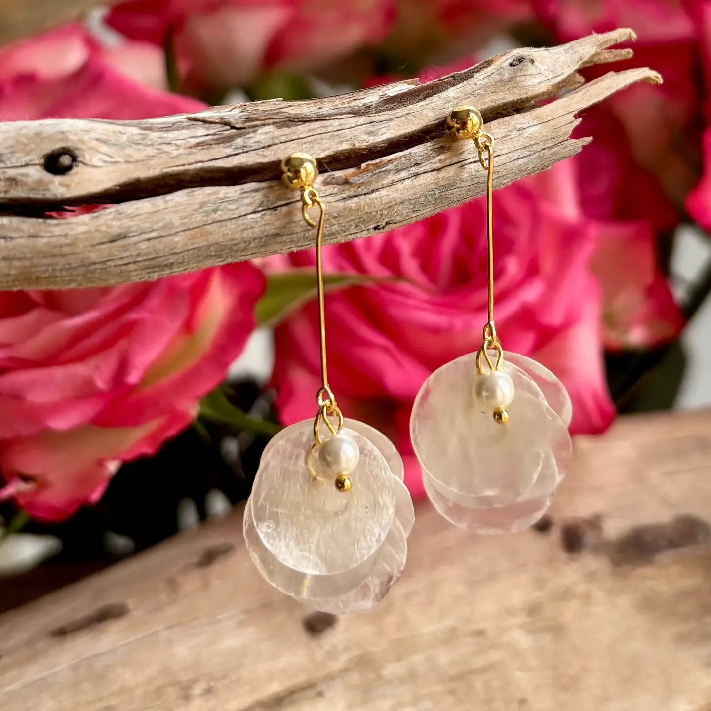 14ct gold plated shell disc drop earrings with layered mother of pearl discs and seed pearl detail