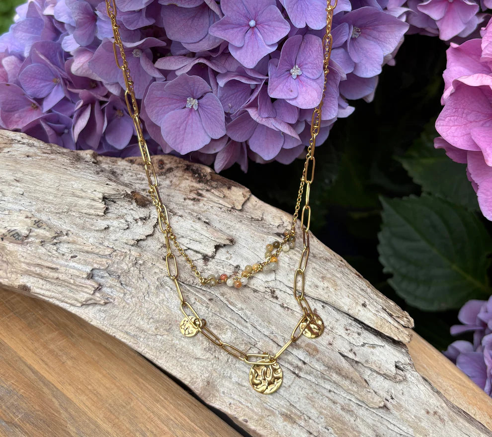 18ct gold plated double chain necklace with tourmaline gemstone beads and gold disc accents