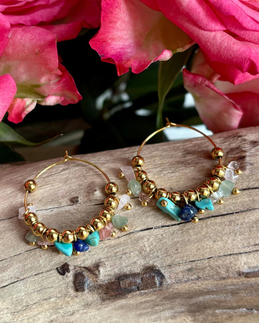 18ct gold plated hoop earrings with turquoise, rose quartz and lapis lazuli gemstone clusters and gold bead accents