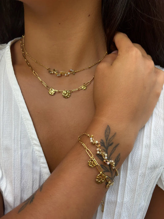 18ct gold plated double chain bracelet with tourmaline gemstone beads and gold disc accents
