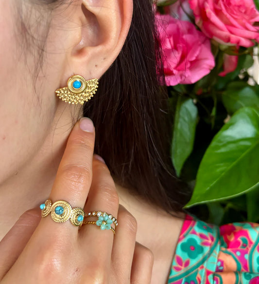 18ct gold plated turquoise peacock fan earrings with central gemstone and decorative fan design